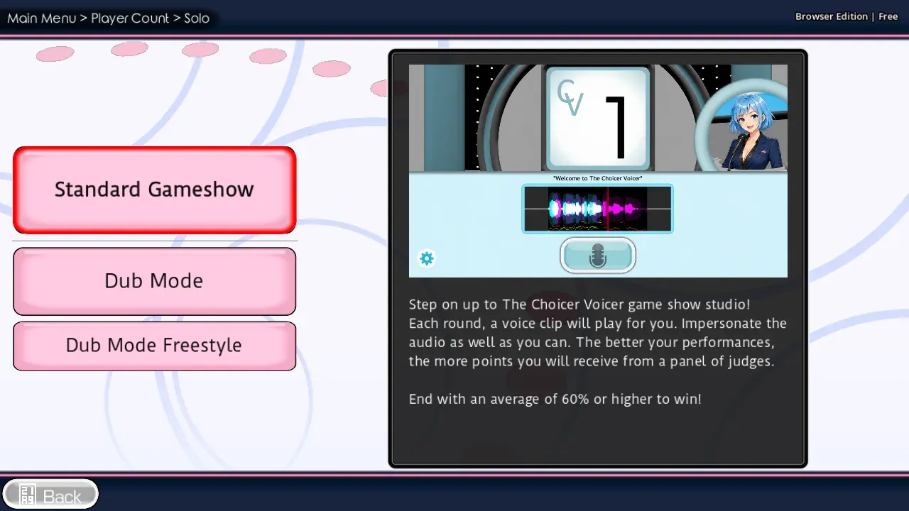 Solo menu listing Standard Gameshow, Dub Mode, and Dub Mode Freestyle