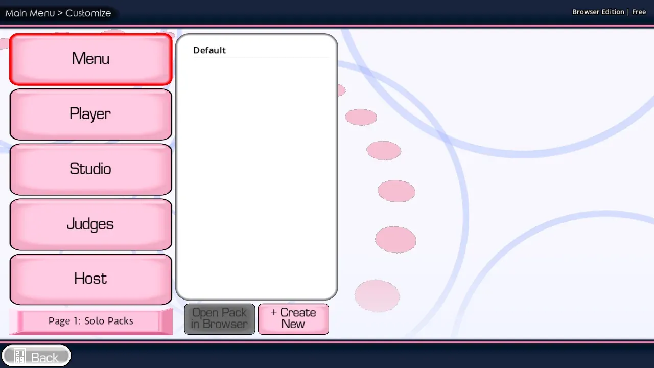 Customize menu showing Default solo pack and Create New