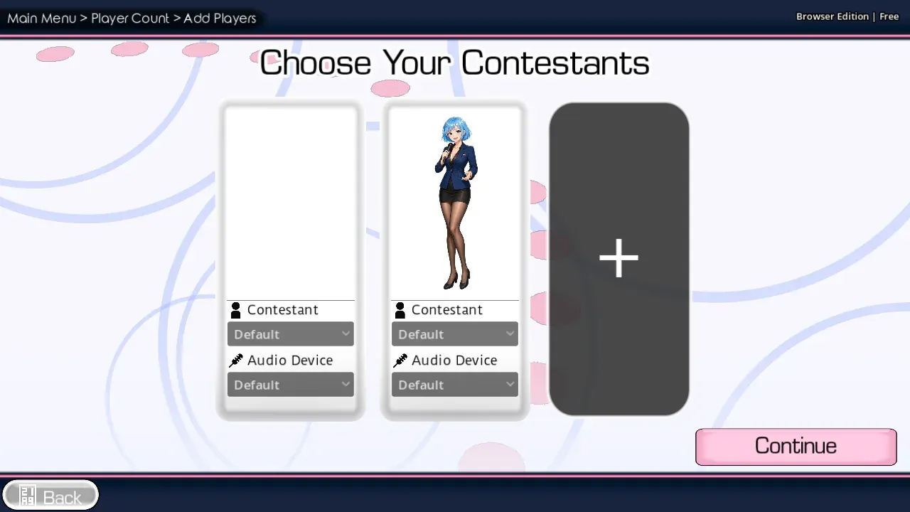 Choose Your Contestants screen with Mira in one slot and an add-player slot