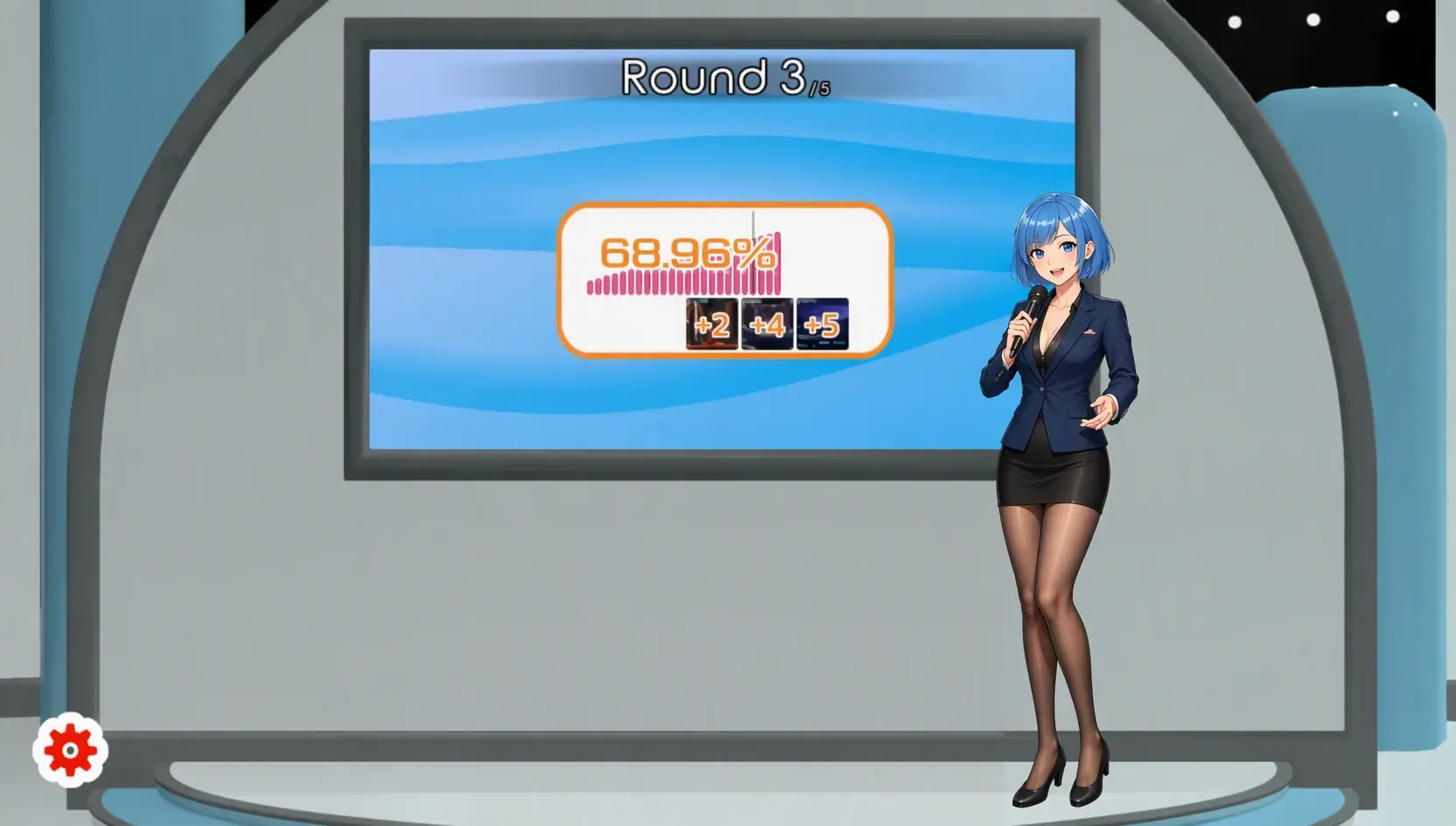 Later round result showing 68.96 percent with Mira on stage