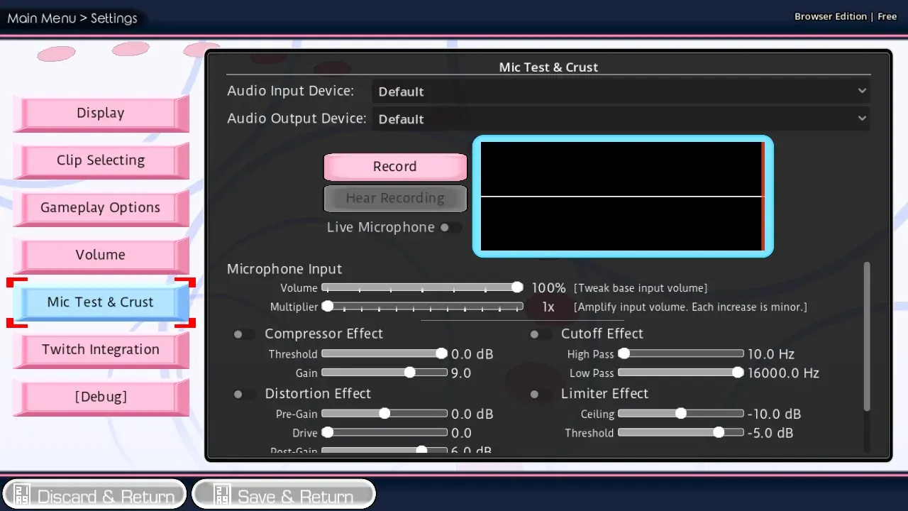 Settings Mic Test panel with Record, Hear Recording, and a silent waveform