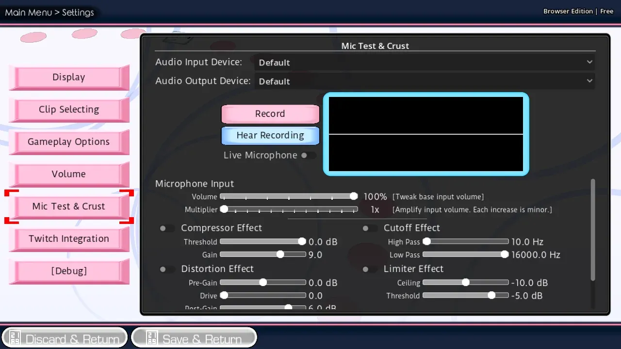Settings Mic Test panel with Hear Recording ready and Live Microphone off