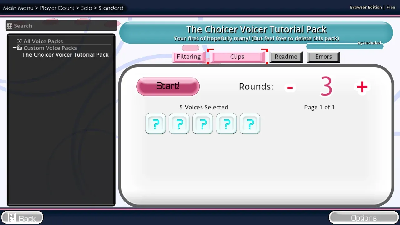 Tutorial Pack Start screen in Standard with three rounds selected