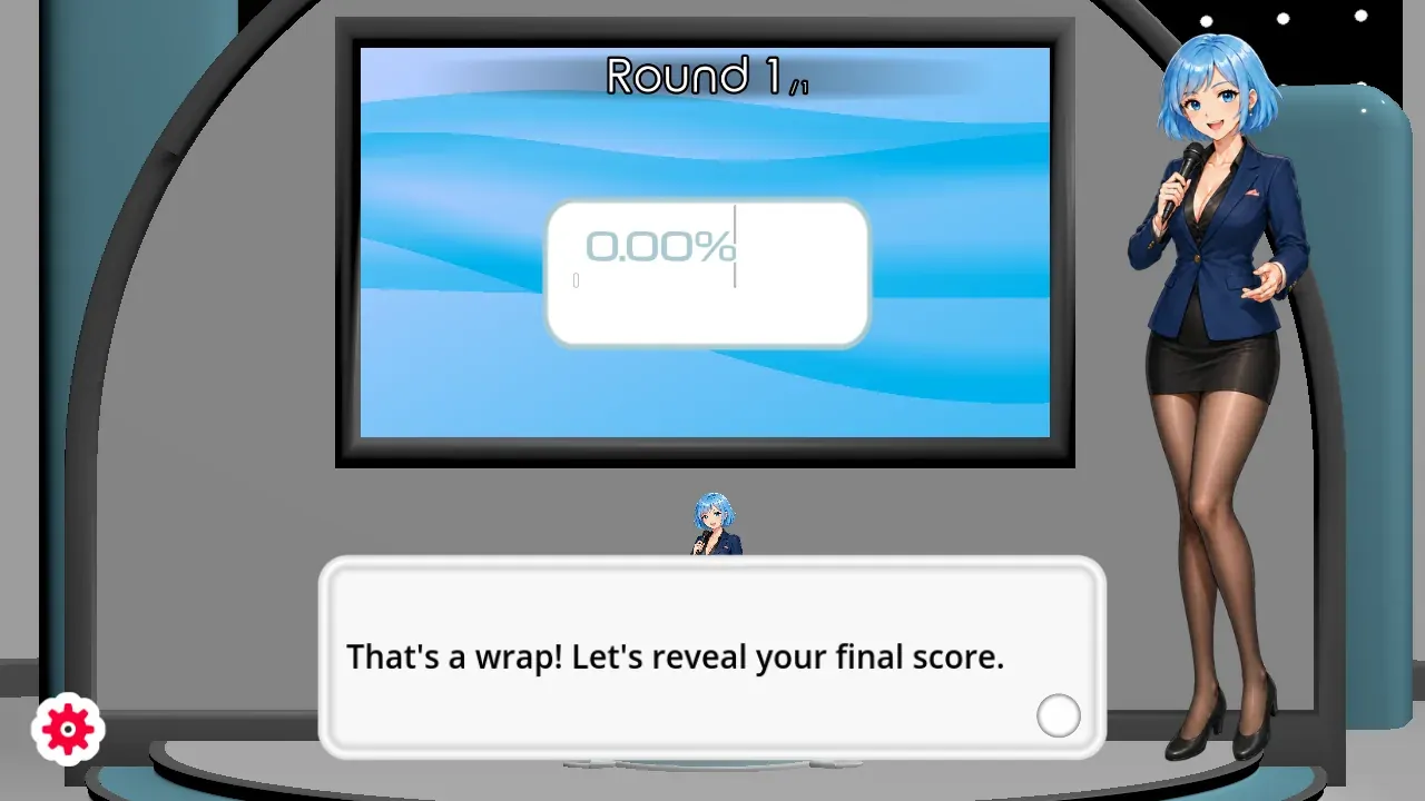 Round 1 score reads 0.00 percent after a take