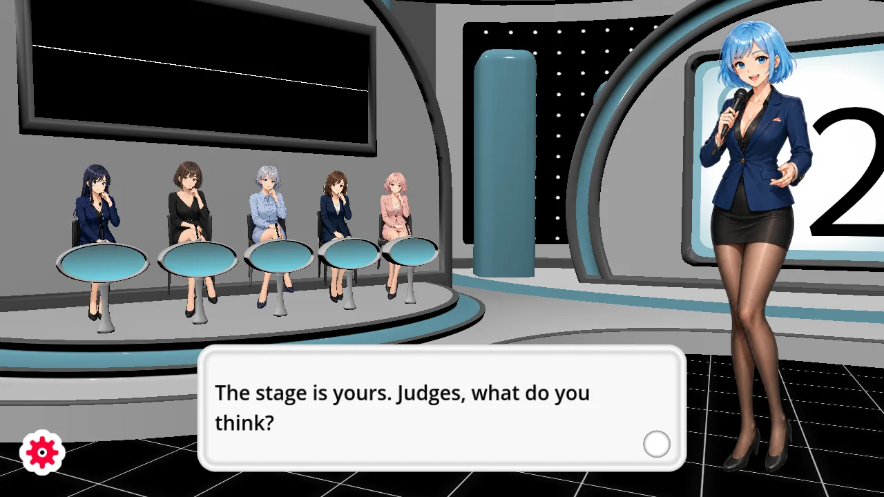 The Choicer Voicer studio: Mira hosts while five judges sit at the desk